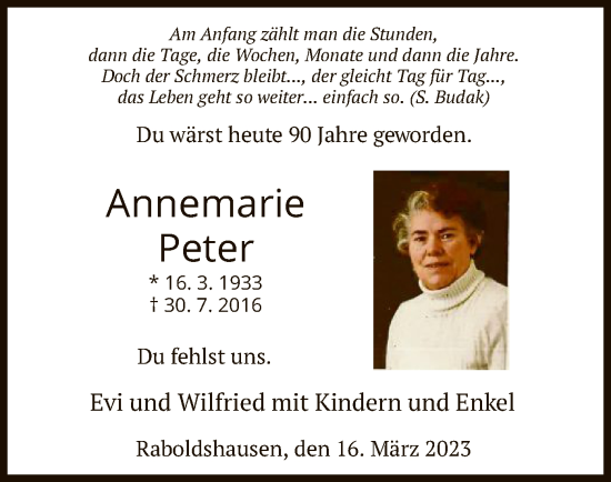 Traueranzeige von Annemarie Peter von HZ