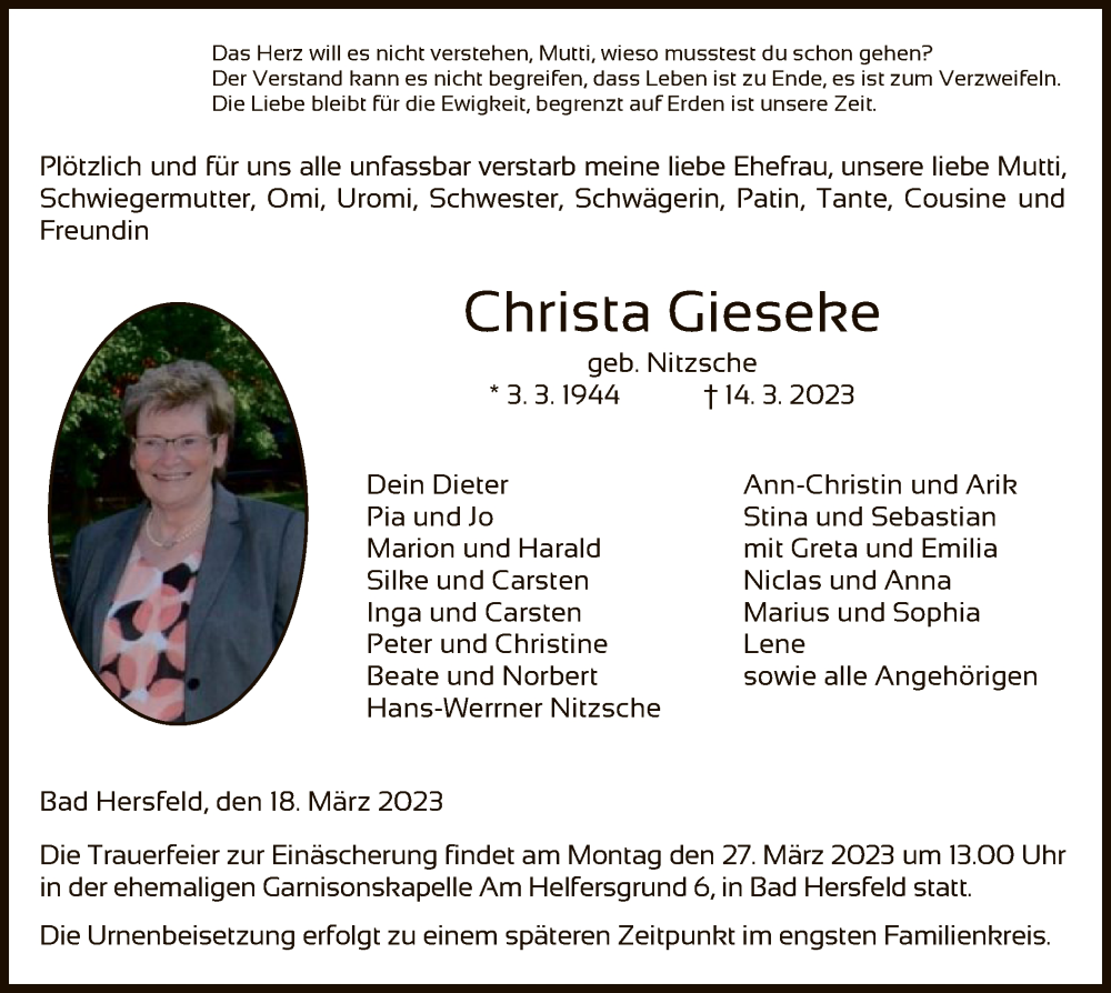  Traueranzeige für Christa Gieseke vom 18.03.2023 aus HZ
