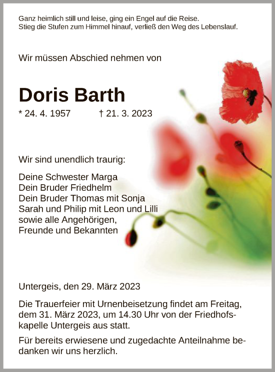 Traueranzeige von Doris Barth von HZ