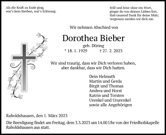 Traueranzeige von Dorothea Bieber von HZ