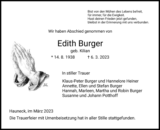 Traueranzeige von Edith Burger von HZ