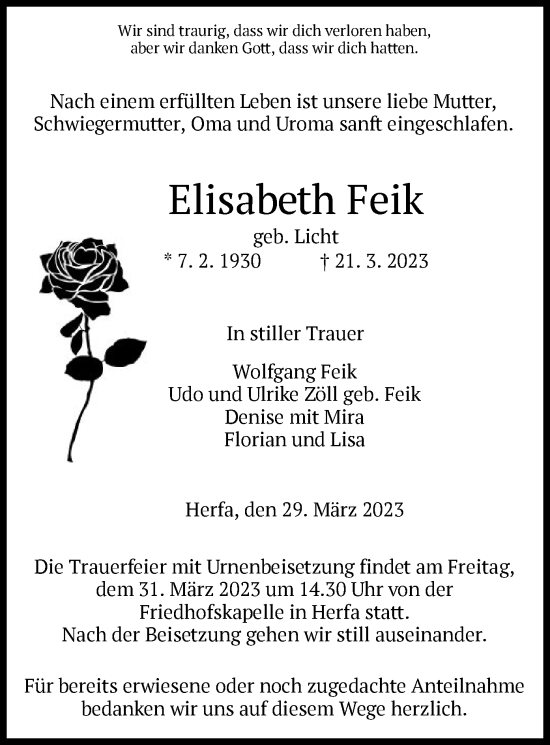 Traueranzeige von Elisabeth Feik von HZ