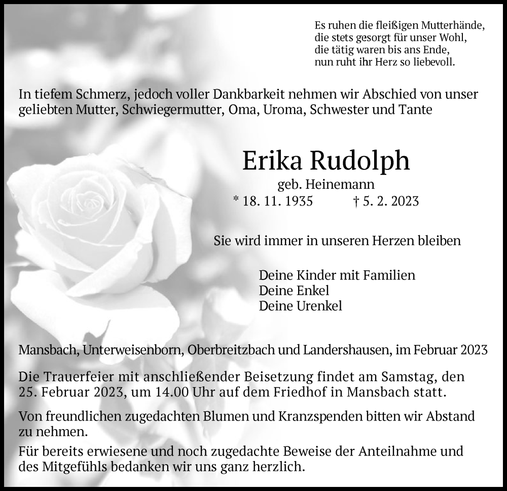  Traueranzeige für Erika Rudolph vom 23.02.2023 aus HZ