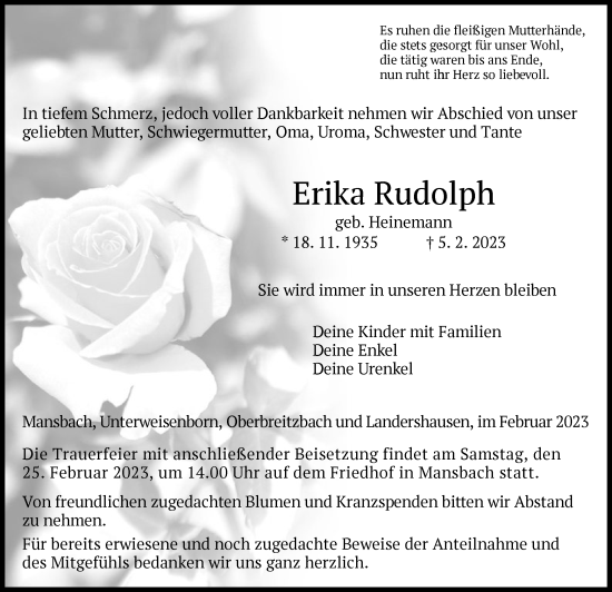 Traueranzeige von Erika Rudolph von HZ