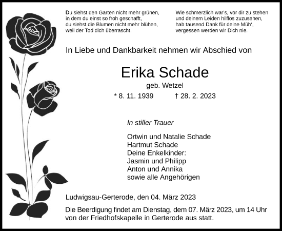 Traueranzeige von Erika Schade von HZ