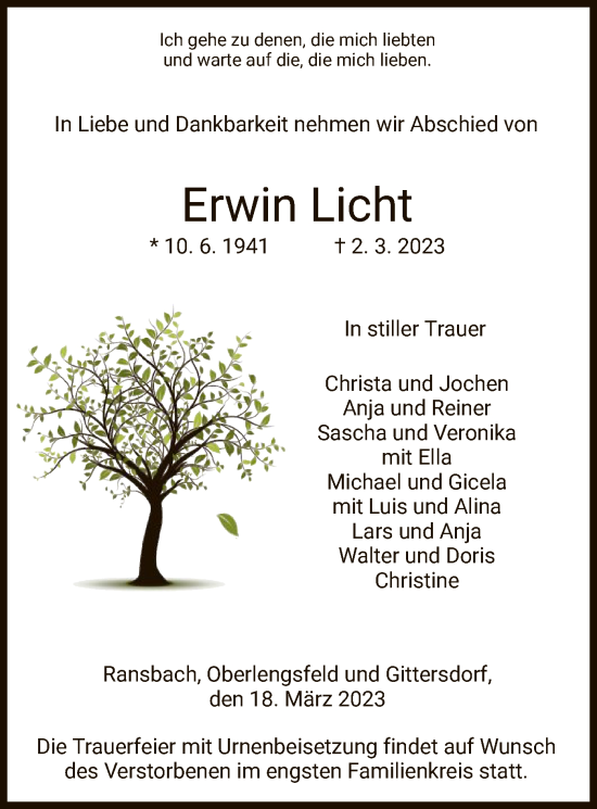 Traueranzeige von Erwin Licht von HZ