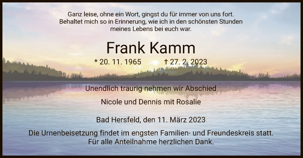  Traueranzeige für Frank Kamm vom 11.03.2023 aus HZ