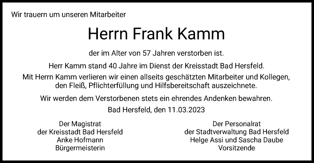 Traueranzeige für Frank Kamm vom 11.03.2023 aus HZ