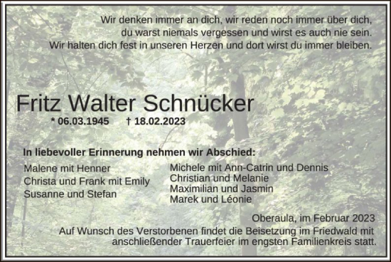 Traueranzeige von Fritz Walter Schnücker von HZ