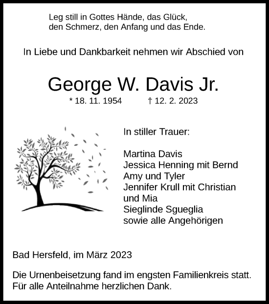Traueranzeige von George W. Davis Jr. von HZ