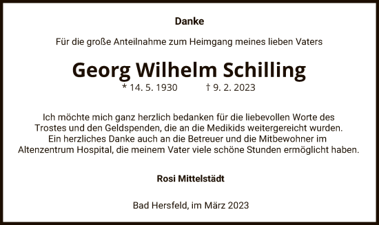 Traueranzeige von Georg Wilhelm Schilling von HZ