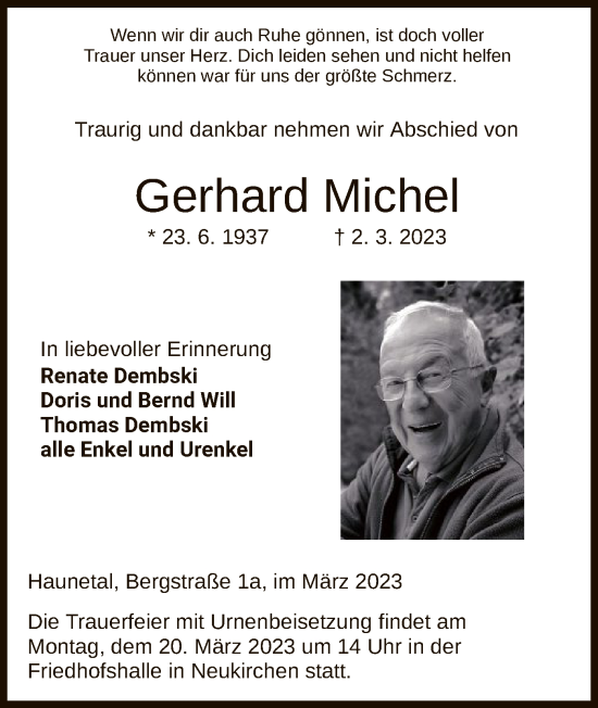 Traueranzeige von Gerhard Michel von HZ