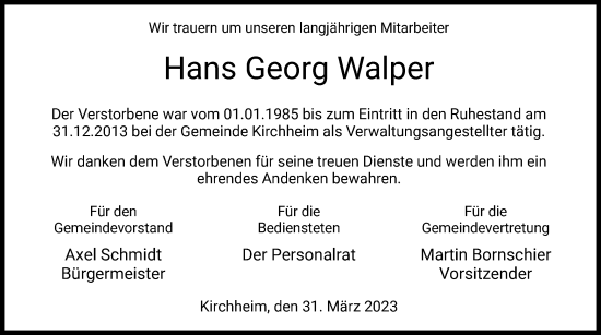 Traueranzeige von Hans Georg Walper von HZ