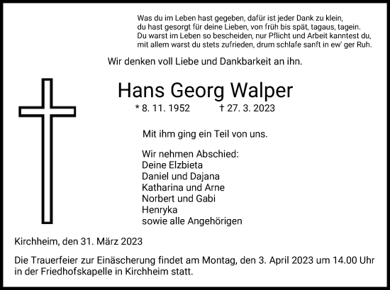 Traueranzeige von Hans Georg Walper von HZ