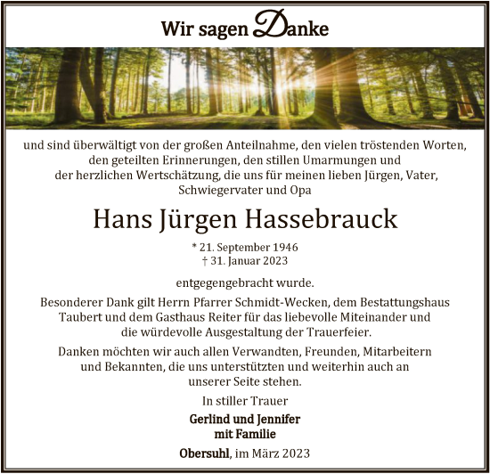 Traueranzeige von Hans Jürgen Hassebrauck von HNA