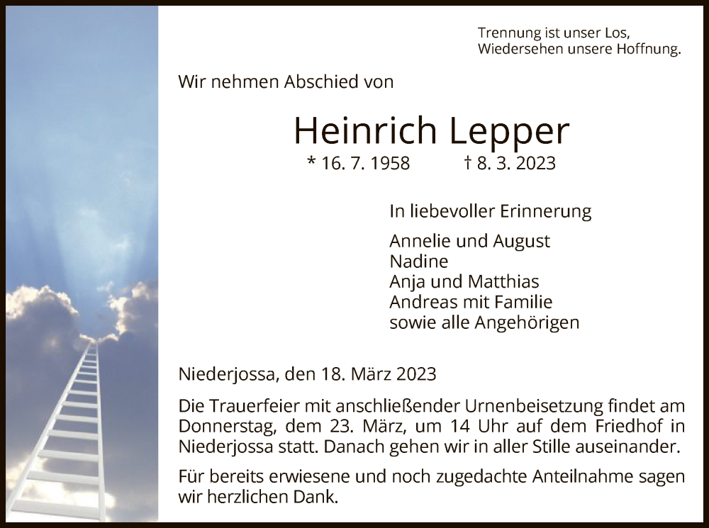 Traueranzeige für Heinrich Lepper vom 18.03.2023 aus HZ