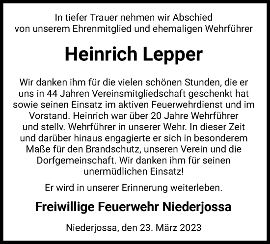 Traueranzeige von Heinrich Lepper von HZ