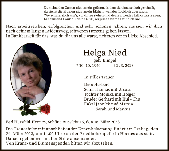 Traueranzeige von Helga Nied von HZ