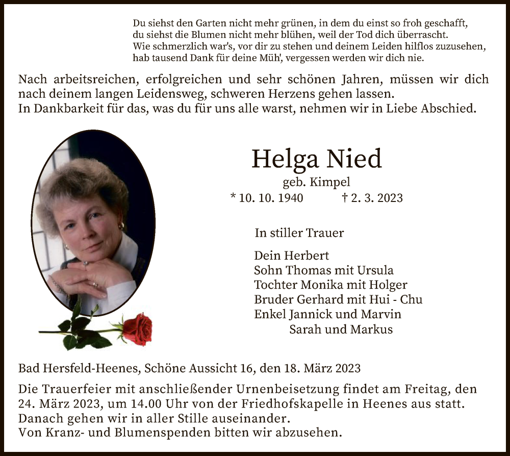  Traueranzeige für Helga Nied vom 18.03.2023 aus HZ