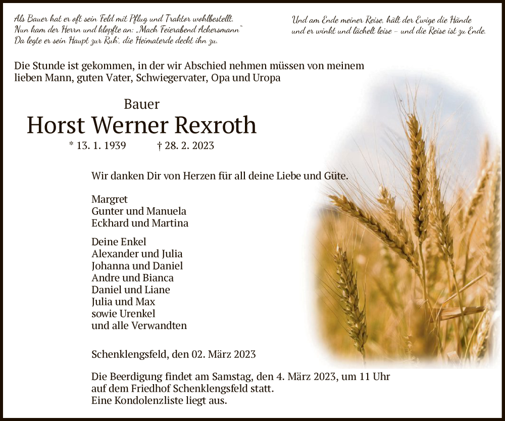  Traueranzeige für Horst Werner Rexroth vom 02.03.2023 aus HZ