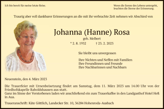 Traueranzeige von Johanna Hanne Rosa von HZ