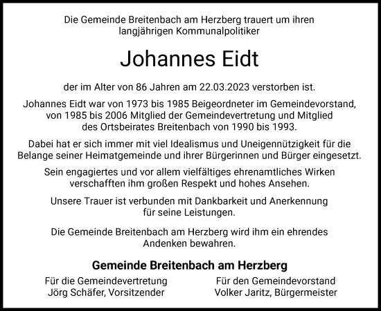 Traueranzeige von Johannes Eidt von HZ