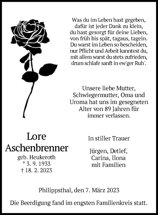 Traueranzeige von Lore Aschenbrenner von HZ