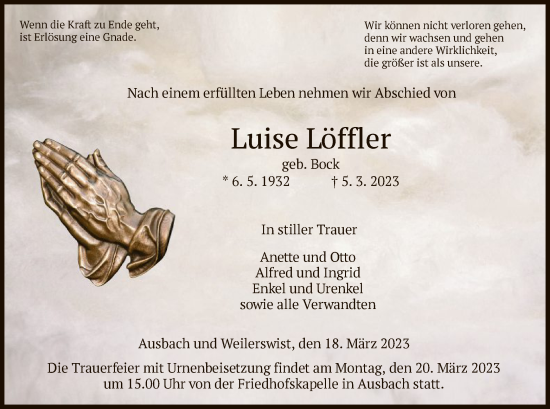 Traueranzeige von Luise Löffler von HZ