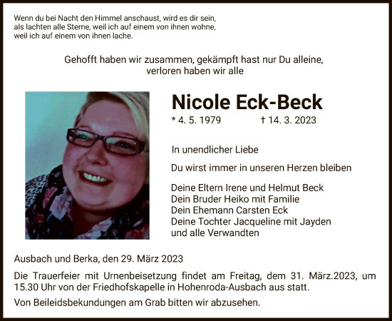 Traueranzeige von Nicole Eck-Beck von HZ