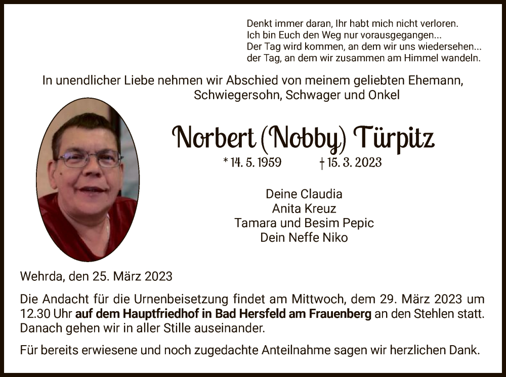  Traueranzeige für Norbert Türpitz vom 25.03.2023 aus HZ