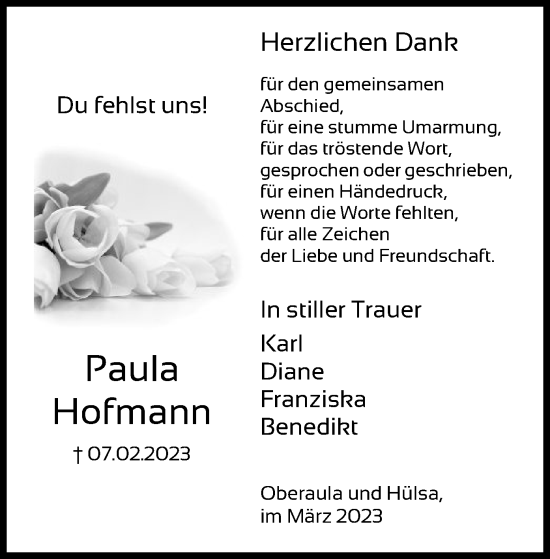 Traueranzeige von Paula Hofmann von HNA