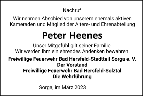 Traueranzeige von Peter Heenes von HZ