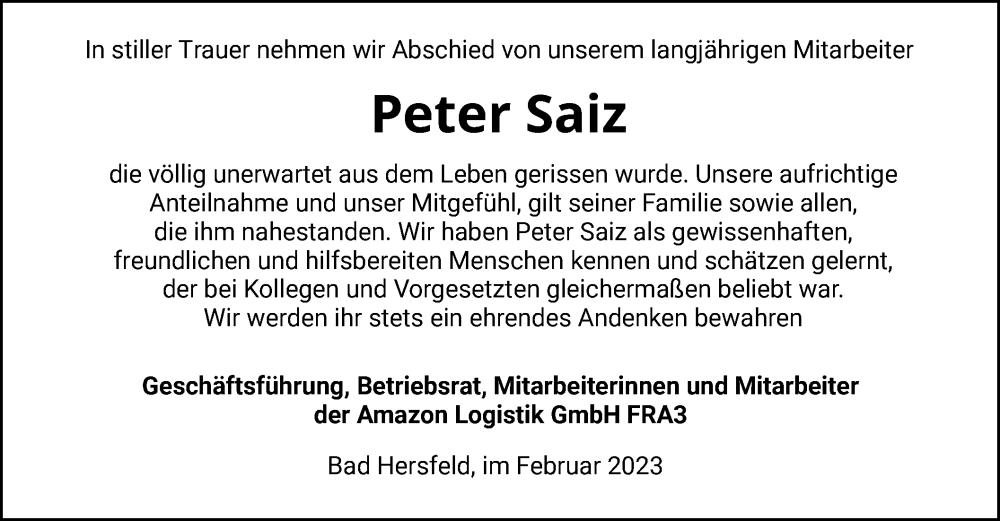  Traueranzeige für Peter Saiz vom 04.03.2023 aus HZ