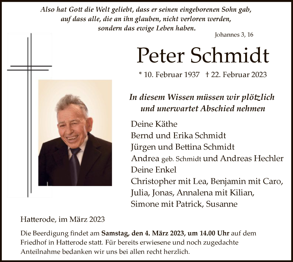  Traueranzeige für Peter Schmidt vom 01.03.2023 aus HZ