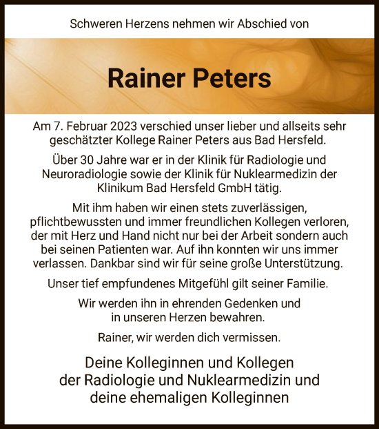 Traueranzeige von Rainer Peters von HZ