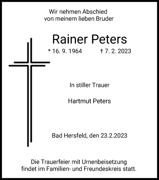 Traueranzeige von Rainer Peters von HZ