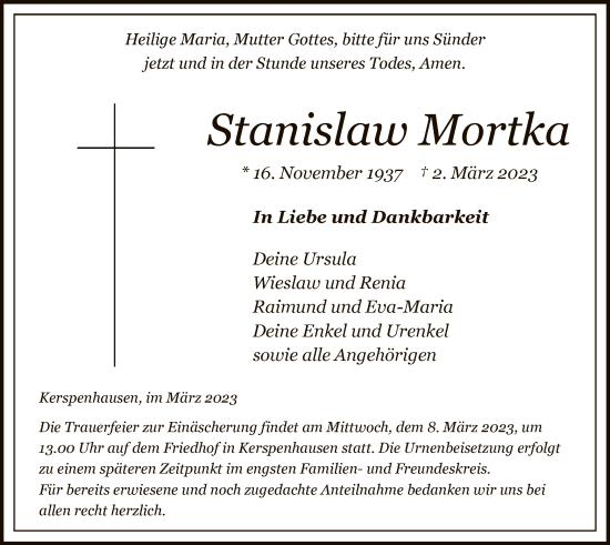 Traueranzeige von Stanislaw Mortka von HZ