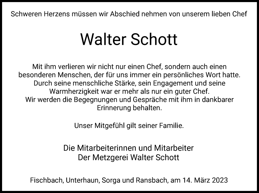  Traueranzeige für Walter Schott vom 14.03.2023 aus HZ