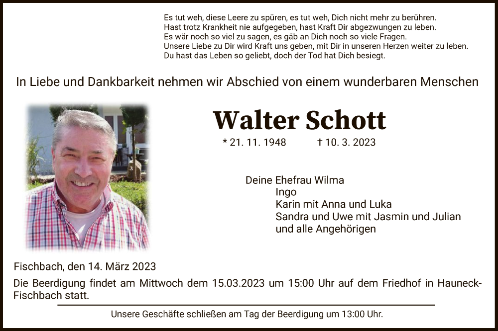  Traueranzeige für Walter Schott vom 14.03.2023 aus HZ