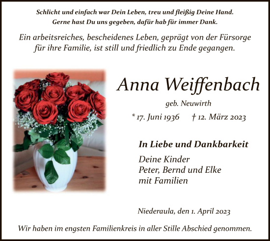 Traueranzeige von Anna Weiffenbach von HZ