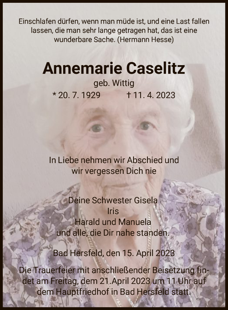 Traueranzeige für Annemarie Caselitz vom 15.04.2023 aus HZ