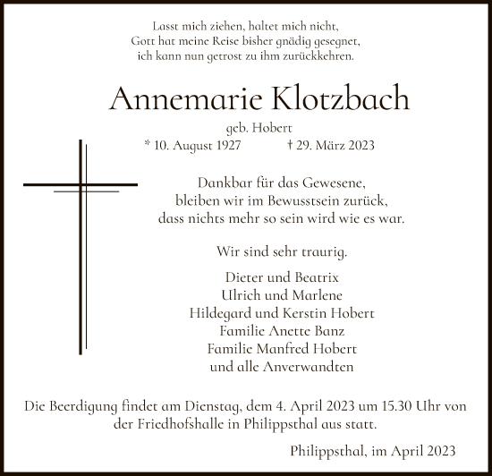 Traueranzeige von Annemarie Klotzbach von HZ