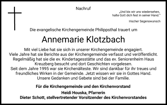 Traueranzeige von Annemarie Klotzbach von HZ