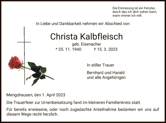 Traueranzeige von Christa Kalbfleisch von HZ