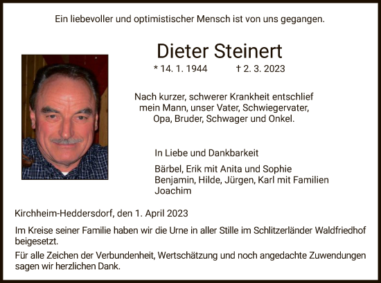 Traueranzeige von Dieter Steinert von HZ