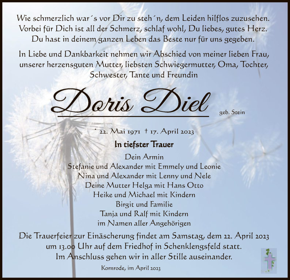  Traueranzeige für Doris Diel vom 20.04.2023 aus HZ