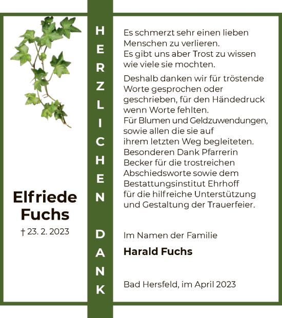 Traueranzeige von Elfriede Fuchs von HZ