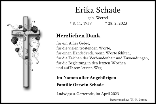 Traueranzeige von Erika Schade von HZ