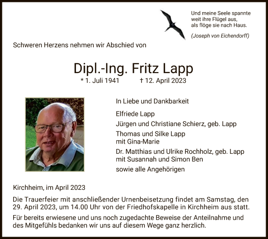 Traueranzeige von Fritz Lapp von HZ