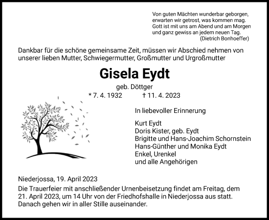 Traueranzeige von Gisela Eydt von HZ